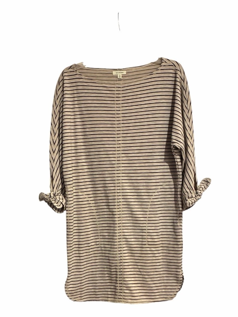 Max Studio Beige Black Striped Dress Pockets Tie Sleeves Boat Neck Women Size S